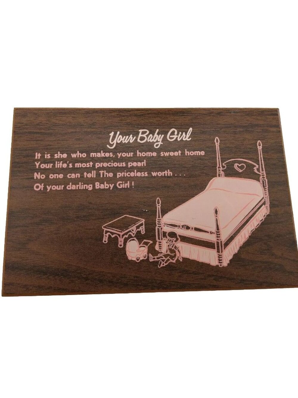 Wooden Plaque "Your Baby Girl" Pink Bed Toy Graphic Vintage Wall Decor Nursery